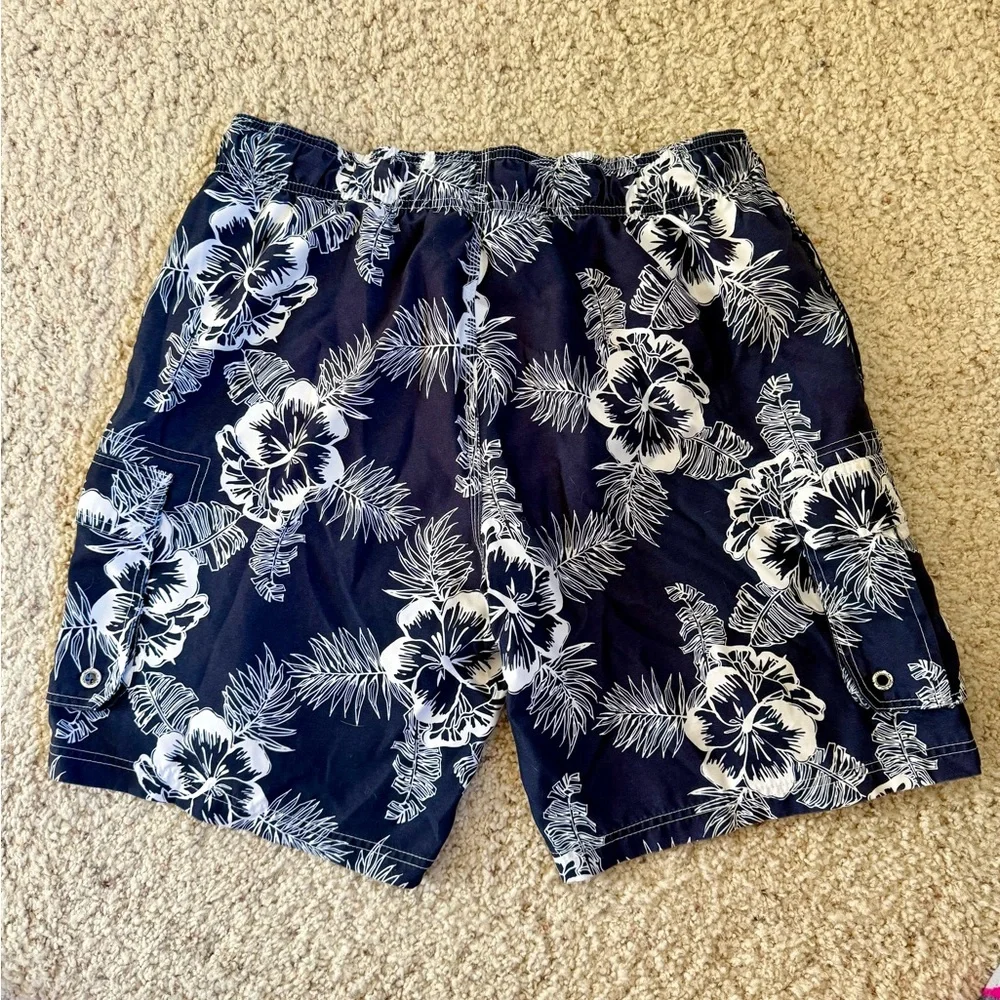 OP Dark Blue & White Floral Men's Swim Board Shorts Large vacation beach